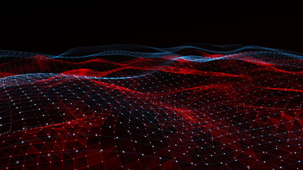 Abstract digital background with cybernetic particles. Plexus geometric effect Big data with compounds. Musical wave of particles. Low poly mesh. Flow. Wave. 3D rendering.