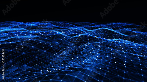Abstract digital background with cybernetic particles. Plexus geometric effect Big data with compounds. Musical wave of particles. Low poly mesh. Flow. Wave. 3D rendering.