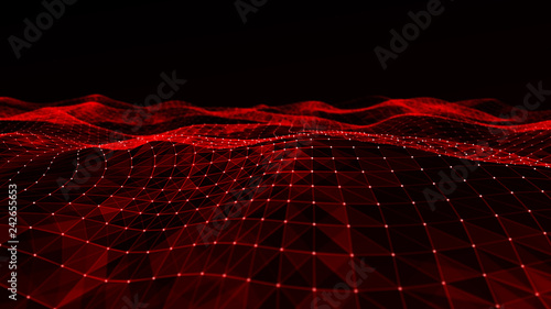 Abstract digital background with cybernetic particles. Plexus geometric effect Big data with compounds. Musical wave of particles. Low poly mesh. Flow. Wave. 3D rendering.