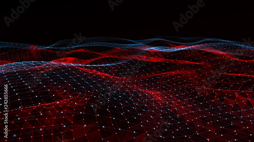 Abstract digital background with cybernetic particles. Plexus geometric effect Big data with compounds. Musical wave of particles. Low poly mesh. Flow. Wave. 3D rendering.