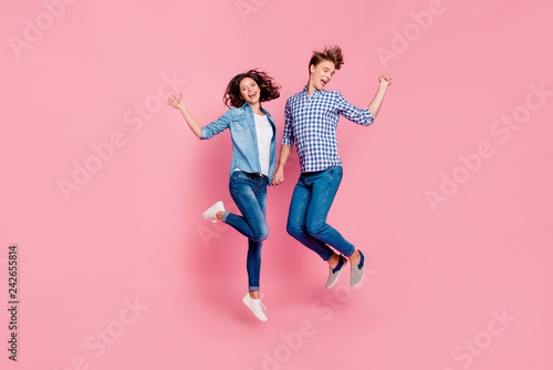 Close up full length body size photo of jumping high she her he 