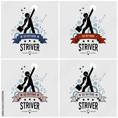 Ambitious businessman aiming high logo design. Vector artwork of an entrepreneur striving for success with motivational and inspirational pose. He point his finger to the top and above.