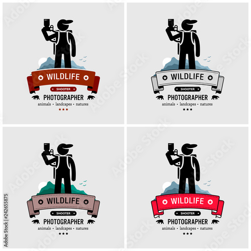 Wildlife and nature photographer logo design. Vector artwork of a professional photographer standing and holding his DSLR camera with a mountain behind.
