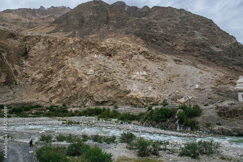 The Shyok river flows through northern Ladakh in India and the Ghangche District of Gilgit–Baltistan of Pakistan at Hunder, Leh. photo