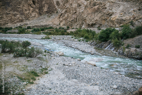 The Shyok river flows through northern Ladakh in India and the Ghangche District of Gilgit–Baltistan of Pakistan at Hunder, Leh. photo