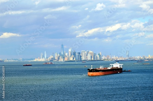 Anchored vessel near New York City, view from New York Bay