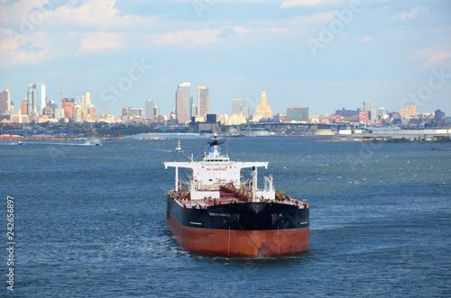 Anchored vessel near New York City, view from New York Bay
