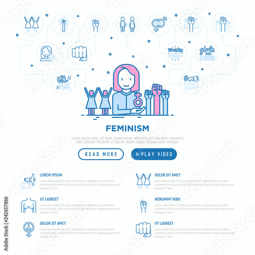Feminism web page template: women's rights, girl power, protest, girls are strong. Modern vector illustration.