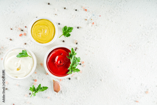 Set of classic sauces on white stone concrete stone background. photo