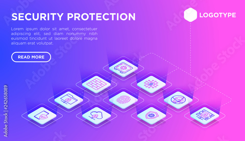 Security and protection web page template with thin line isometric icons: mobile security, fingerprint, badge, firewall, face ID, secure folder, keyset, shredder. Vector illustration.