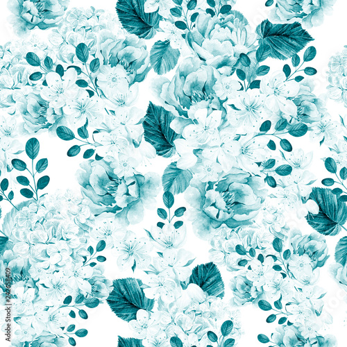 Beautiful watercolor bright pattern with peony, hudrangea and spring  flowers.