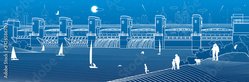Hydro power plant. River Dam. Energy station. Water power.  People walk along the shore. City infrastructure industrial illustration panorama. White lines on blue background. Vector design art
