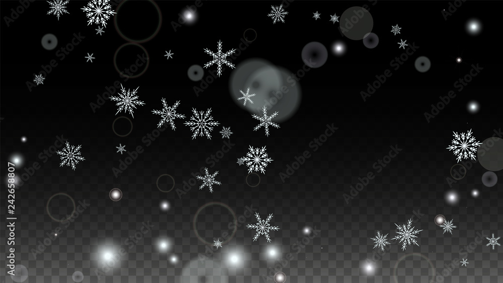 Fototapeta premium Christmas Vector Background with White Falling Snowflakes Isolated on Transparent Background. Realistic Snow Sparkle Pattern. Snowfall Overlay Print. Winter Sky. Design for Party Invitation.