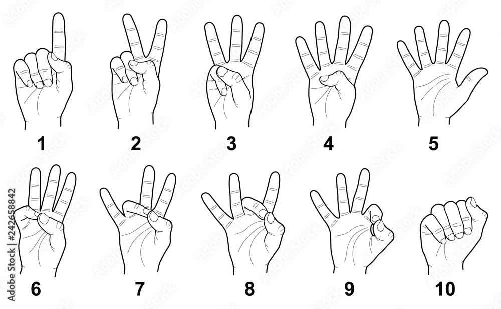 Hand sign language numbers collection - vector line illustration Stock