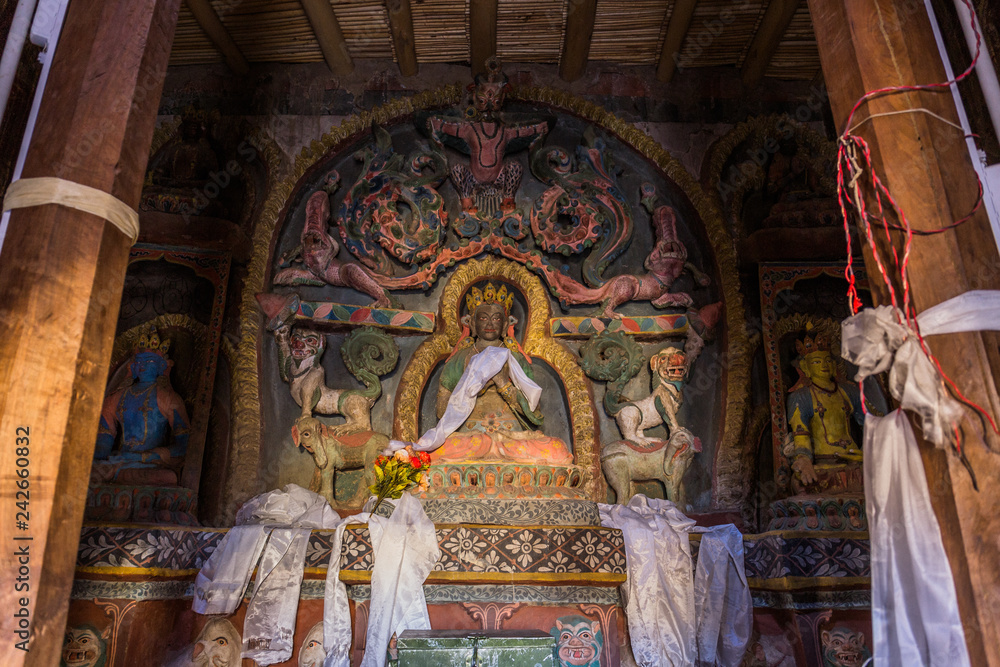 Main altar, Senge Lhakhang at Lamayuru Monastery, Ladakh, India.