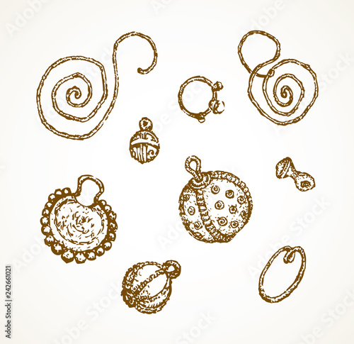 Ancient rings, earrings, buttons. Vector drawing