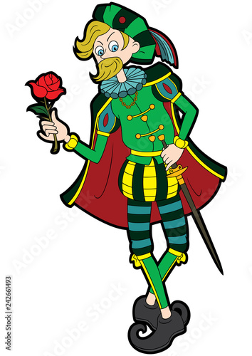 Romantic ladies man with a rose/ Illustration cartoon young courteous man dressed in renaissance fashion in a bowing pose