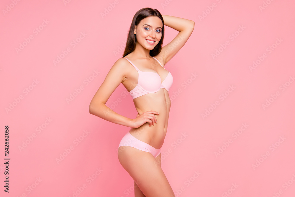 Half turned side view photo of attractive beautiful brunette her Half turned side view photo of attractive beautiful brunette her