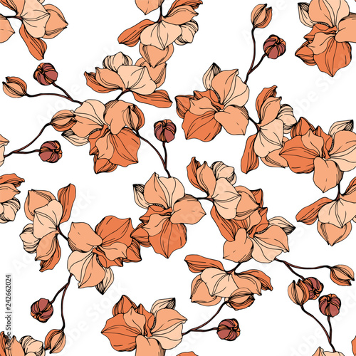 Vector Orange orchid botanical flower. Engraved ink art. Seamless background pattern. Fabric wallpaper print texture.