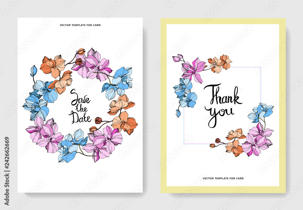 Vector Orchid flower. Engraved ink art. Wedding background card border. Thank you, rsvp, invitation illustration.