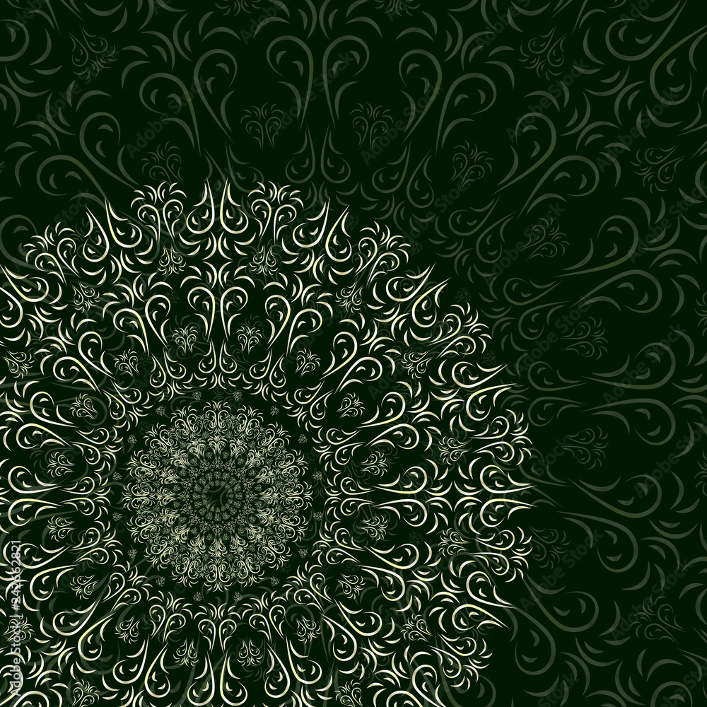 Oriental floral ornament, mandala on a dark green background for your design. Vector illustration.