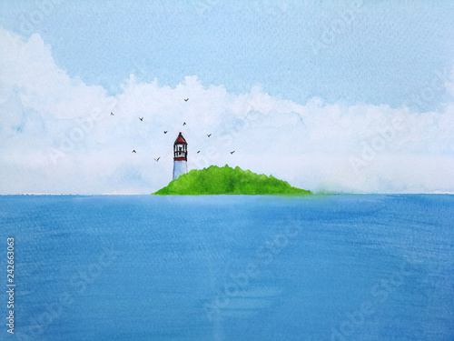 watercolor painting landscape blue sea lighthouse on island with birds flying in the sky.
