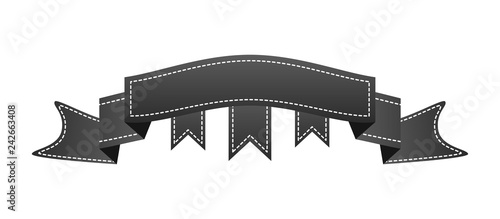 Embroidered black ribbon isolated on white. Can be used for banner, award, sale, icon, logo, label etc. Vector illustration