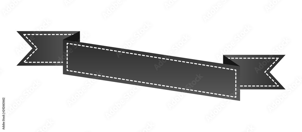 Embroidered black ribbon isolated on white. Can be used for banner, award, sale, icon, logo, label etc. Vector illustration