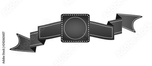 Embroidered black ribbon isolated on white. Can be used for banner, award, sale, icon, logo, label etc. Vector illustration