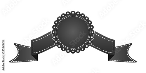 Embroidered black ribbon isolated on white. Can be used for banner, award, sale, icon, logo, label etc. Vector illustration
