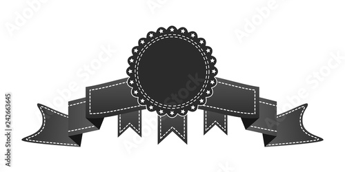 Embroidered black ribbon isolated on white. Can be used for banner, award, sale, icon, logo, label etc. Vector illustration