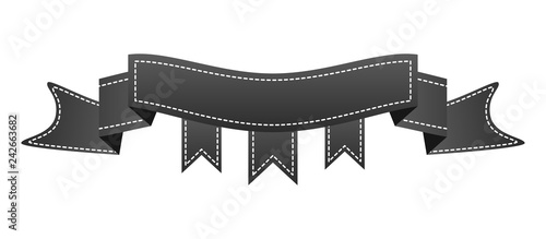 Embroidered black ribbon isolated on white. Can be used for banner, award, sale, icon, logo, label etc. Vector illustration