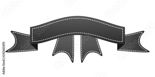Embroidered black ribbon isolated on white. Can be used for banner, award, sale, icon, logo, label etc. Vector illustration