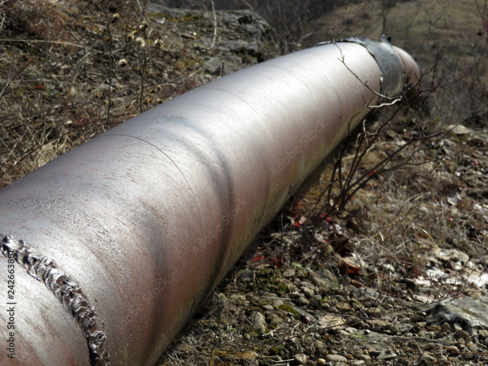 Pipe on the ground in the mountain forest. Concept of gas or oil pipeline, water supply, sewerage, engineering networks Pipe on the ground in the mountain forest. Concept of gas or oil pipeline, water supply, sewerage, engineering networks