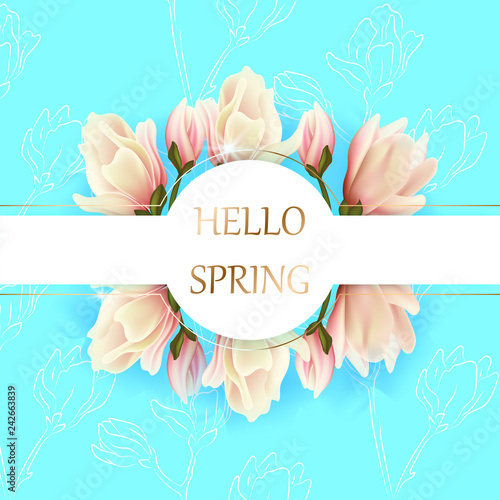 Nature background with blossom branch magnolia of pink flowers Vector