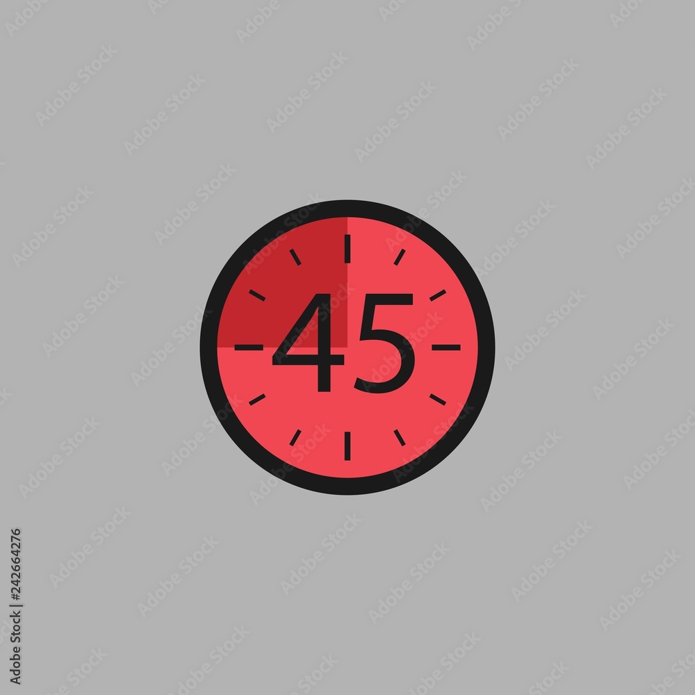 Fourty Five Seconds Clock on gray background. Stopwatch icon in flat style, red timer. Sport clock. Fourty Five Seconds Clock on gray background. Stopwatch icon in flat style, red timer. Sport clock.