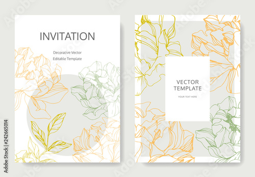 Vector Pink and yellow peony flower. Engraved ink art. Wedding background. Thank you, rsvp, invitation elegant card set.