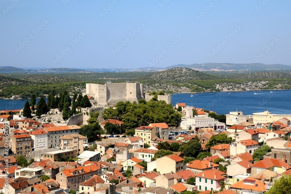 Historic city centre of Sibenik, Croatia with St. Michael's Fortress. Adriatic Sea in the background. View from the Barone Fortress.