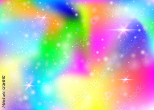 Hologram background with rainbow mesh. Kawaii universe banner in princess colors. Fantasy gradient backdrop. Hologram unicorn background with fairy sparkles, stars and blurs.