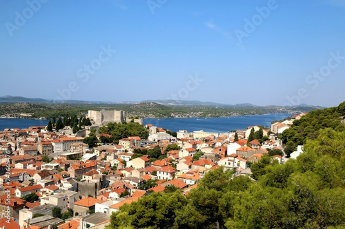 Historic city centre of Sibenik, Croatia with St. Michael's Fortress. Adriatic Sea in the background. View from the Barone Fortress. © jelena990