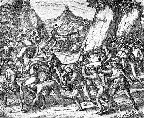 conquest of the Inca empire by Spanish conquistador Francisco Pizarro in XVI century: cruelty and abuse of slave aborigines by the Spanish army on the road to Peru photo