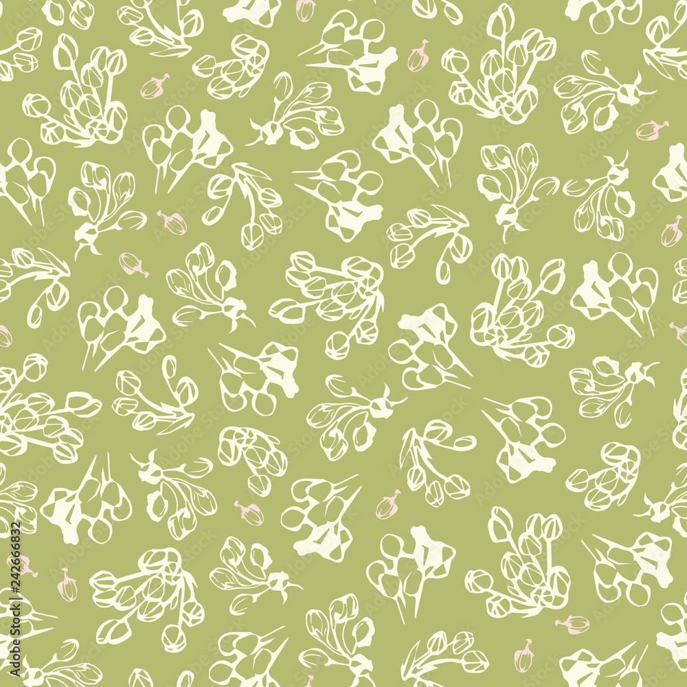 Green pattern with cream silhouette blossom and pink flower buds. Surface pattern design. Green pattern with cream silhouette blossom and pink flower buds. Surface pattern design.