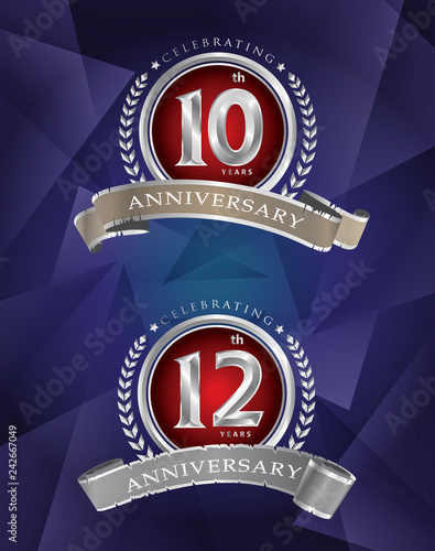 10th 12th anniversary celebrating classic vector logo design silver premium on blue background