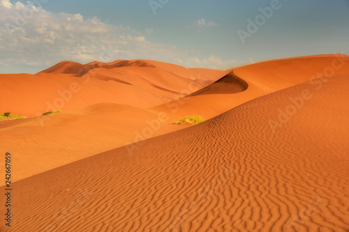 Sossusvlei salt pan with high red sand dunes in Namib desert, Namibia, Africa.