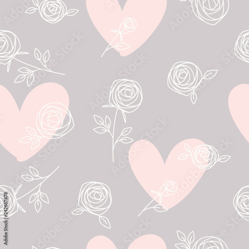 Seamless pattern of hand drawn roses and hearts