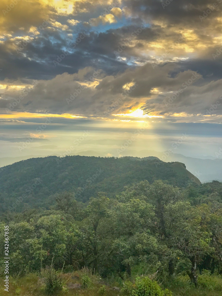 light ray and cloud on top of the mountain at Chaing mai, Thailand