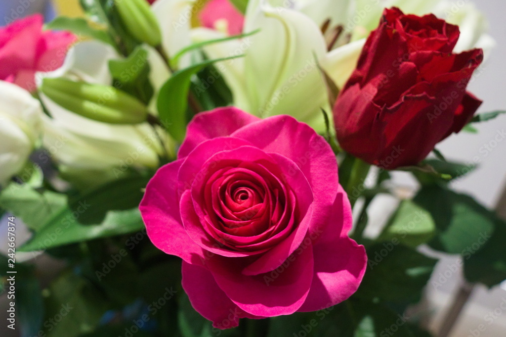 Bouquet of flowers with pink rose in foreground Bouquet of flowers with pink rose in foreground