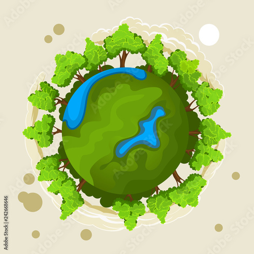 Ecology concept with green planet and trees
