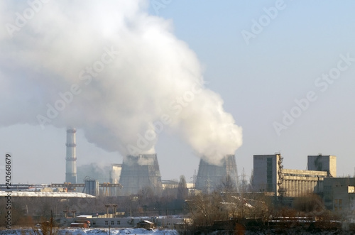 Thermal power plant with chimneys  industrial landscape