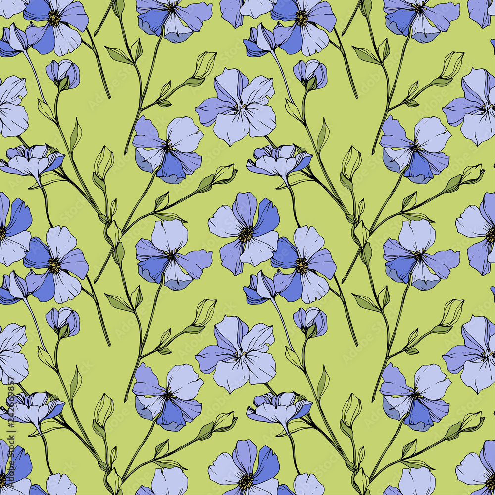 Vector Blue flax botanical flower. Engraved ink art. Seamless background pattern. Fabric wallpaper print texture.
